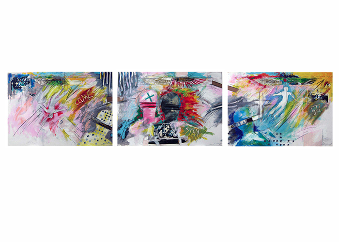 come-stay-go • 3mal 70 x 100 cm • Acryl,  Foto- und Druckfragmente, Farbstifte auf Karton